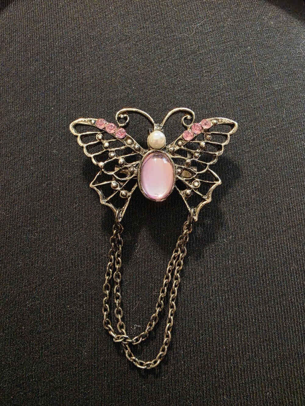 Butterfly Pink Stone Brooch with Chain Accent